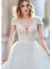 Cap Sleeves Ivory Embroidered Lace Tulle Modern Wedding Dress